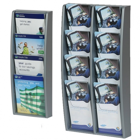 Tiered Wall Mounted Literature Holder in Grey | Brochure Sizes: DL / A5 / A4
